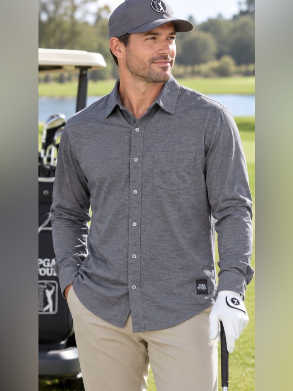 PGA Tour Men’s XL Gray Performance Golf Button Down Long Sleeve Shirt Stretch